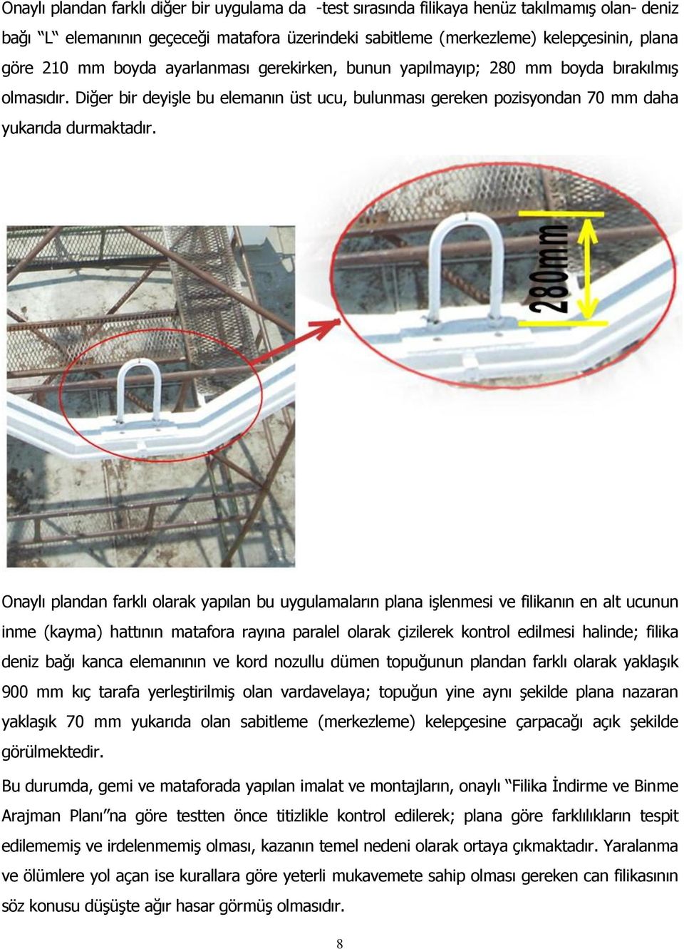 Onaylı plandan farklı olarak yapılan bu uygulamaların plana işlenmesi ve filikanın en alt ucunun inme (kayma) hattının matafora rayına paralel olarak çizilerek kontrol edilmesi halinde; filika deniz