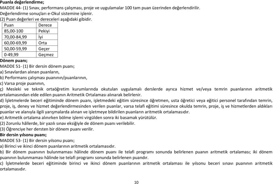 Puan Derece 85,00-100 Pekiyi 70,00-84,99 İyi 60,00-69,99 Orta 50,00-59,99 Geçer 0-49,99 Geçmez Dönem puanı; MADDE 51- (1) Bir dersin dönem puanı; a) Sınavlardan alınan puanların, b) Performans