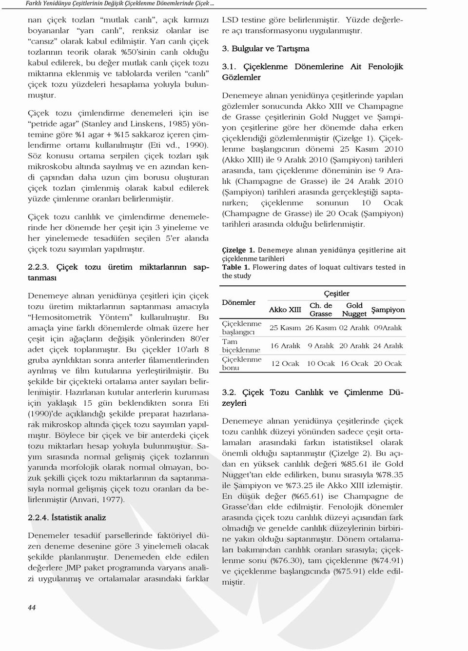 bulunmuştur. Çiçek tozu çimlendirme denemeleri için ise petride agar (Stanley and Linskens, 1985) yöntemine göre %1 agar + %15 sakkaroz içeren çimlendirme ortamı kullanılmıştır (Eti vd., 1990).