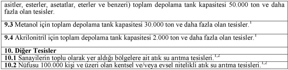 4 Akrilonitril için toplam depolama tank kapasitesi 2.000 ton ve daha fazla olan tesisler. 1 10. Diğer Tesisler 10.