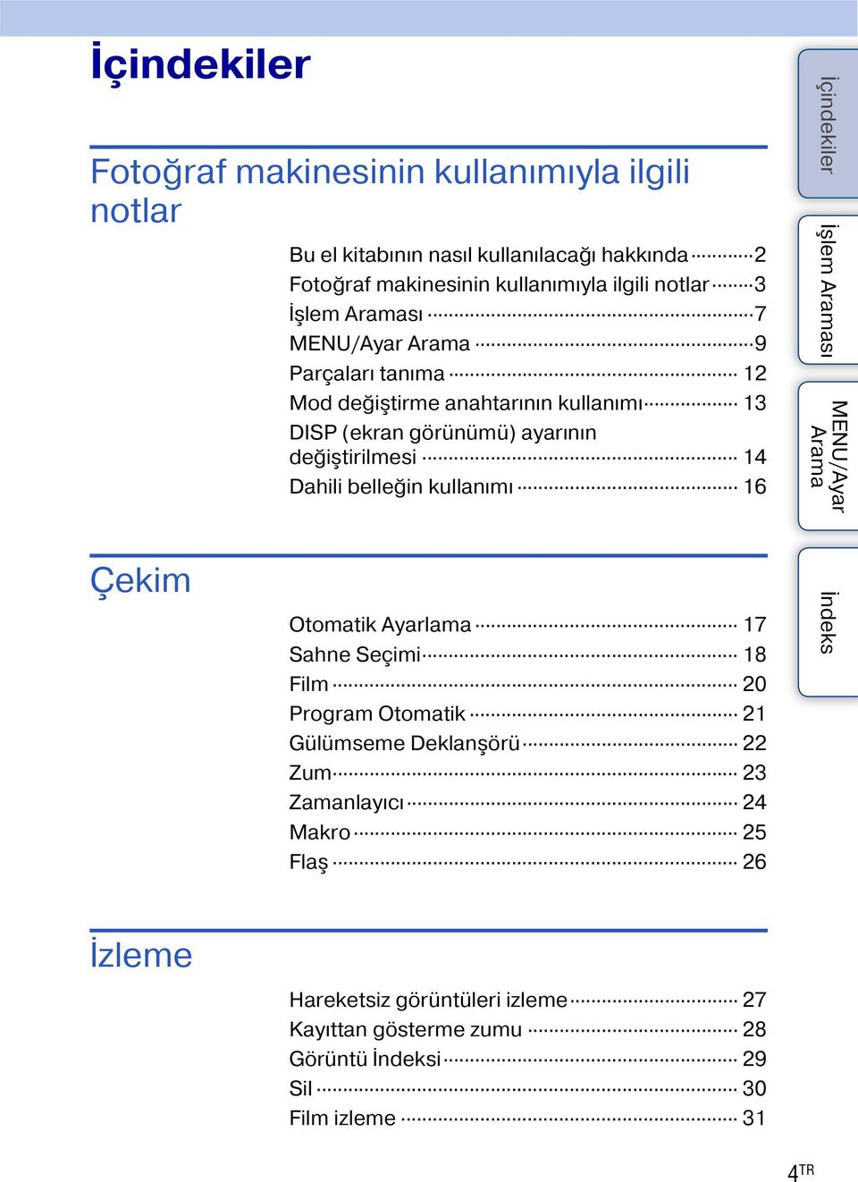 değiştirilmesi 14 Dahili belleğin kullanımı 16 Çekim Otomatik Ayarlama 17 Sahne Seçimi 18 Film 20 Program Otomatik 21 Gülümseme