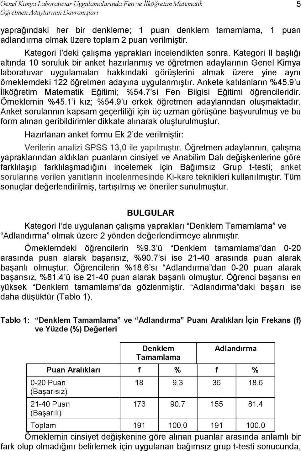 Kategori II başlığı altında 10 soruluk bir anket hazırlanmış ve öğretmen adaylarının Genel Kimya laboratuvar uygulamaları hakkındaki görüşlerini almak üzere yine aynı örneklemdeki 122 öğretmen