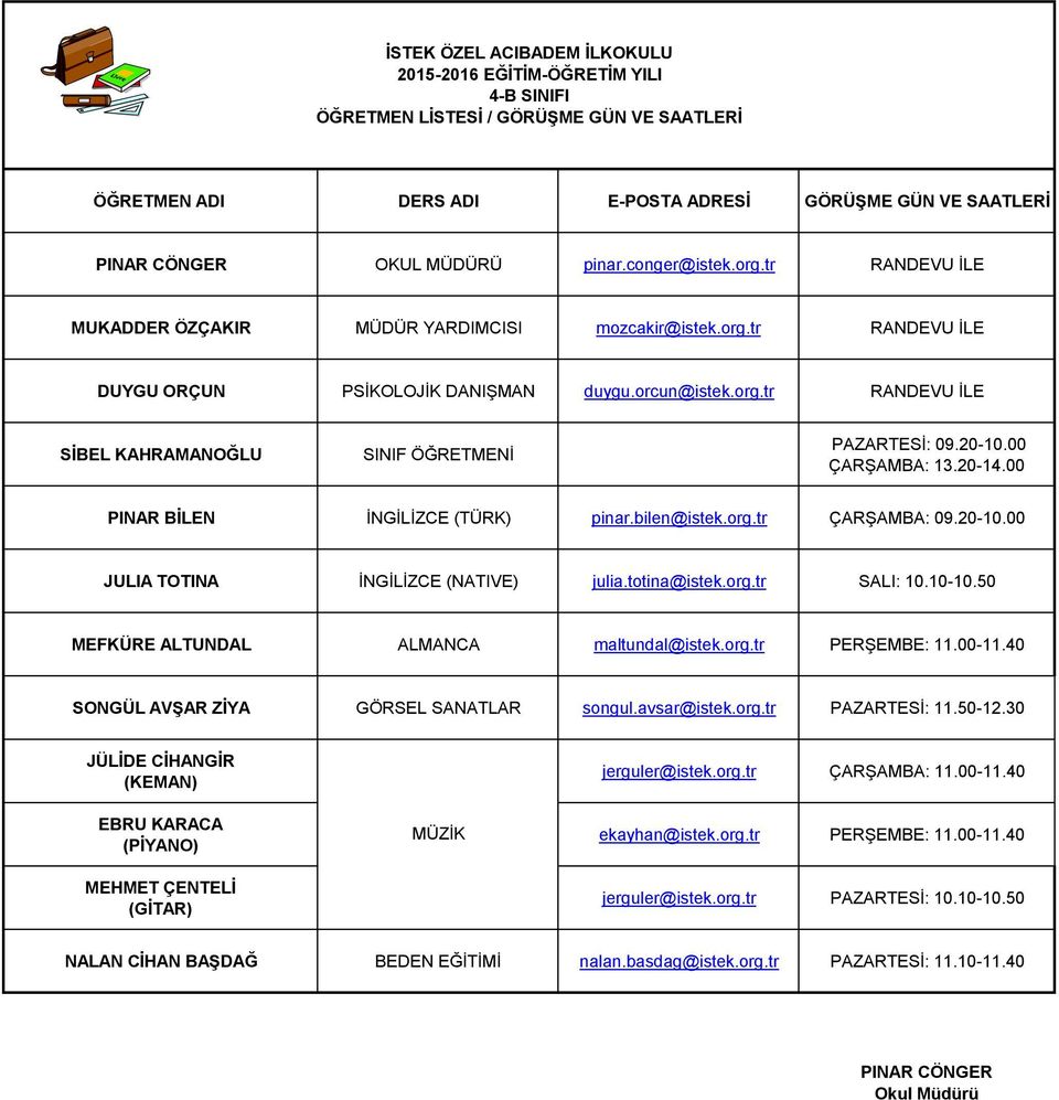 50 MEFKÜRE ALTUNDAL ALMANCA maltundal@istek.org.tr PERŞEMBE: 11.00-11.40 JÜLİDE CİHANGİR (KEMAN) EBRU KARACA (PİYANO) MEHMET ÇENTELİ (GİTAR) MÜZİK jerguler@istek.