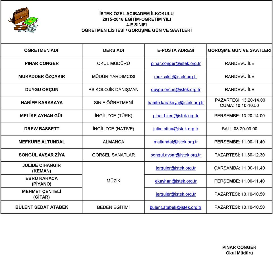 00 MEFKÜRE ALTUNDAL ALMANCA maltundal@istek.org.tr PERŞEMBE: 11.00-11.40 JÜLİDE CİHANGİR (KEMAN) EBRU KARACA (PİYANO) MEHMET ÇENTELİ (GİTAR) MÜZİK jerguler@istek.org.tr ÇARŞAMBA: 11.