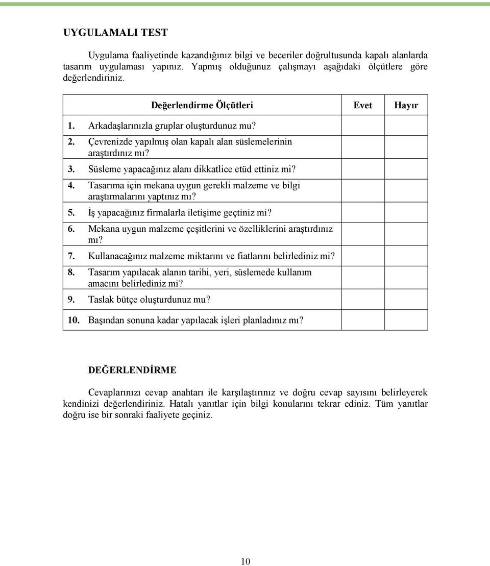 Süsleme yapacağınız alanı dikkatlice etüd ettiniz mi? 4. Tasarıma için mekana uygun gerekli malzeme ve bilgi araştırmalarını yaptınız mı? 5. İş yapacağınız firmalarla iletişime geçtiniz mi? 6.