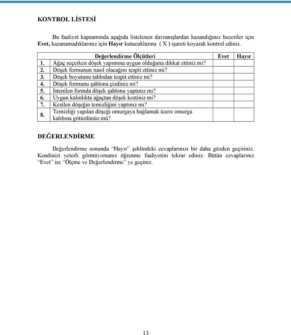 4. Döşek formunu şablona çizdiniz mi? 5. İstenilen formda döşek şablonu yaptınız mı? 6. Uygun kalınlıkta ağaçtan döşek kestiniz mi? 7. Kesilen döşeğin temizliğini yaptınız mı? 8.