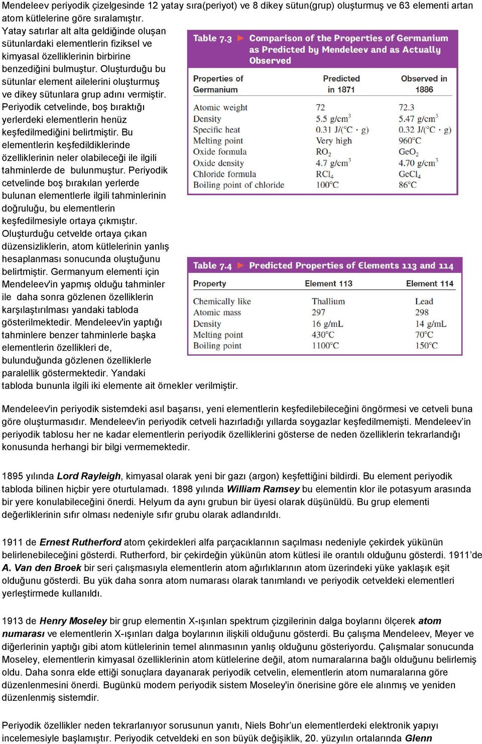 Oluşturduğu bu sütunlar element ailelerini oluşturmuş ve dikey sütunlara grup adını vermiştir. Periyodik cetvelinde, boş bıraktığı yerlerdeki elementlerin henüz keşfedilmediğini belirtmiştir.