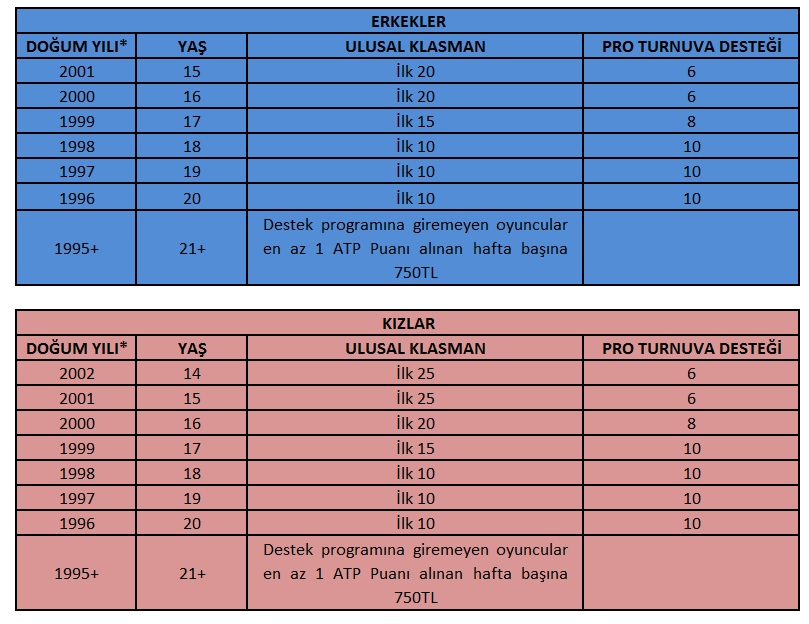 YARI PROFESYONEL SPORCU DESTEK KRİTERLERİ *Doğum yılları 2016 senesi baz alınarak hazırlanmıştır. Mart ayının ilk haftası klasmanlarına göre belirlenir.
