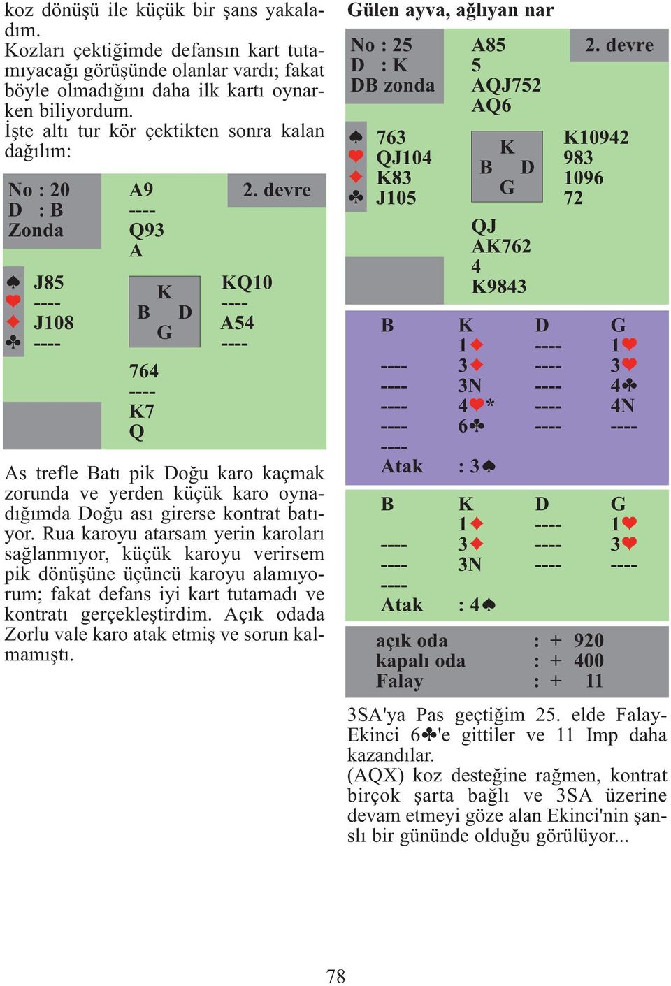 devre Q10 A54 As trefle Batı pik Doğu karo kaçmak zorunda ve yerden küçük karo oynadığımda Doğu ası girerse kontrat batıyor.