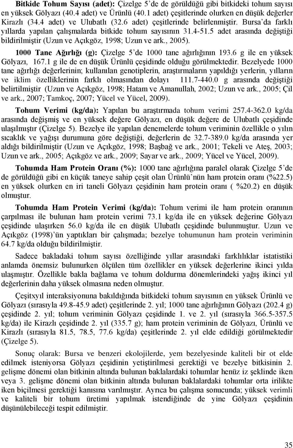 5 adet arasında değiştiği bildirilmiştir (Uzun ve Açıkgöz, 1998; Uzun ve ark., 2005). 1000 Tane Ağırlığı (g): Çizelge 5 de 1000 tane ağırlığının 193.6 g ile en yüksek Gölyazı, 167.