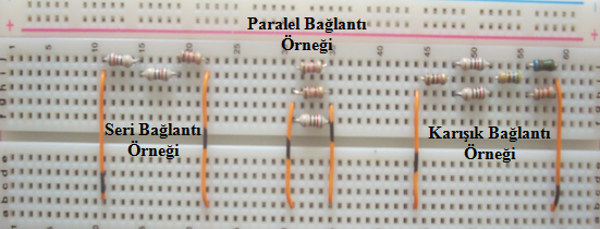 Şekil 8b. Delikli Panel üzerine farklı direnç düzeneklerinin kurulumu (İlave kablolar toplam direnç değerini Ohmmetreye ile ölçmek için kullanılmıştır). 3.