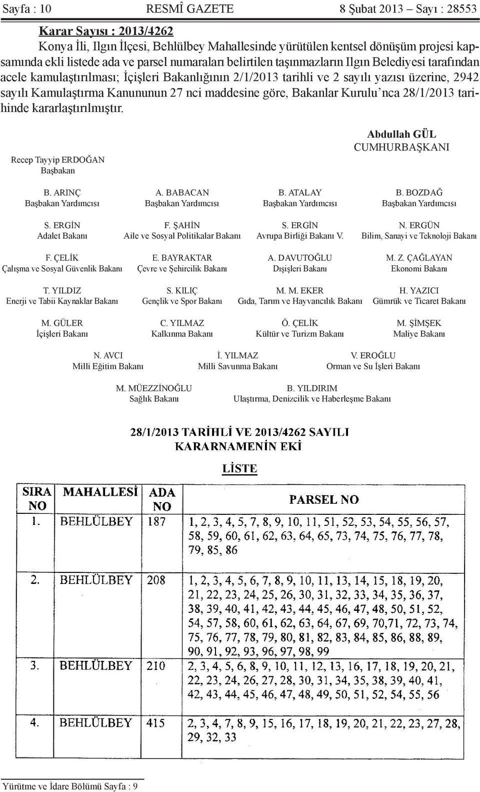 maddesine göre, Bakanlar Kurulu nca 28/1/2013 tarihinde kararlaştırılmıştır. Recep Tayyip ERDOĞAN Başbakan Abdullah GÜL CUMHURBAŞKANI B. ARINÇ A. BABACAN B. ATALAY B.