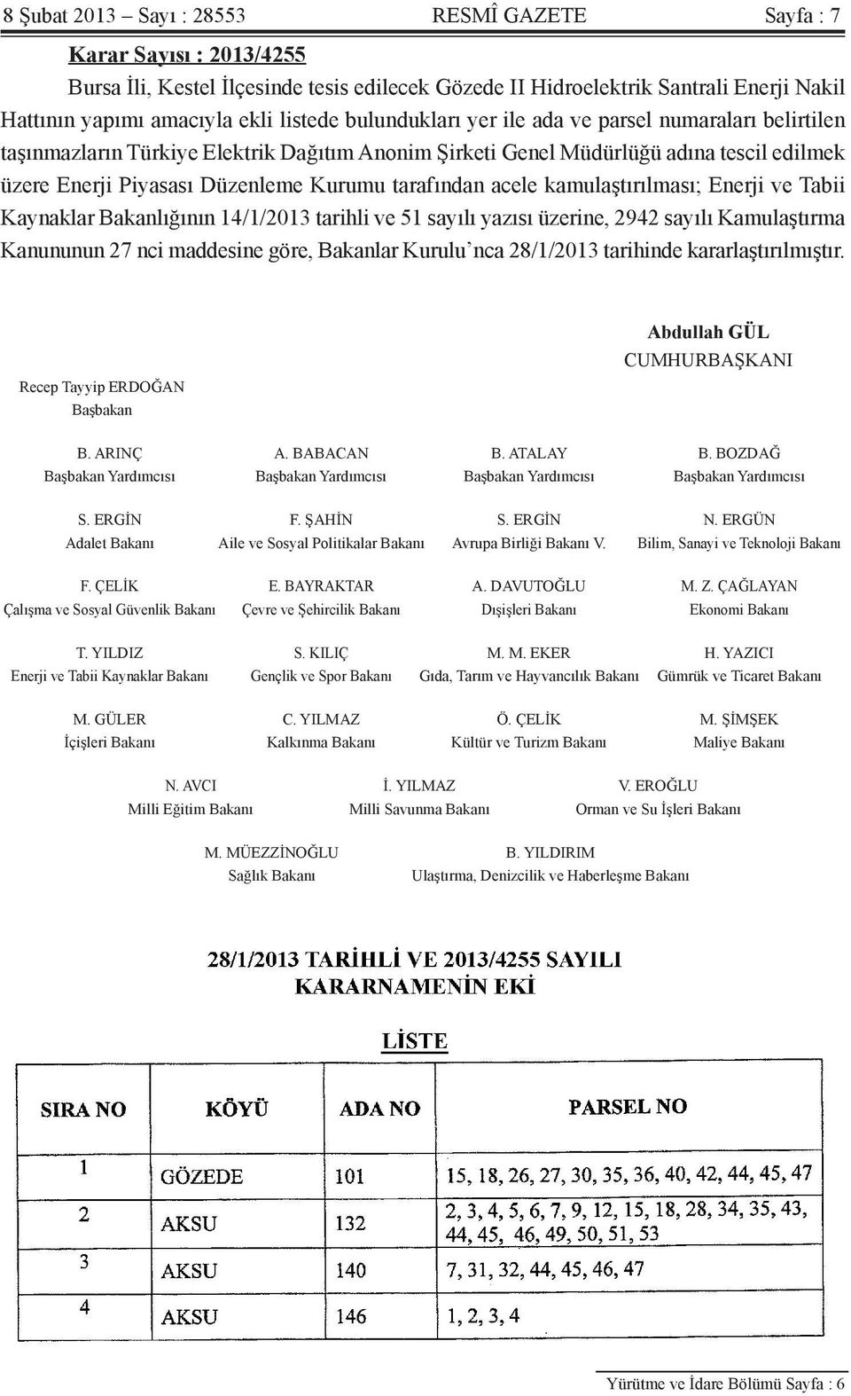 tarafından acele kamulaştırılması; Enerji ve Tabii Kaynaklar Bakanlığının 14/1/2013 tarihli ve 51 sayılı yazısı üzerine, 2942 sayılı Kamulaştırma Kanununun 27 nci maddesine göre, Bakanlar Kurulu nca