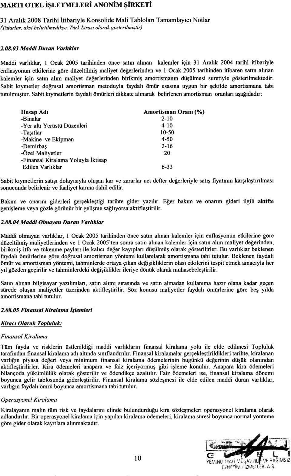 birikmi~ amortismanm dfi~iilmesi suretiyle gosterilmektedir. Sabit klymetler dogrusal amortisman metoduyla faydah omfir esasma uygun bir ~ekilde amortismana tabi tutulmu~tur.