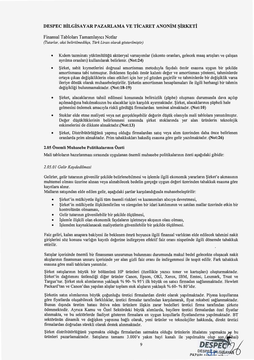 (Not:24) Sirket, sabit ktymetlerini dogrusal amortisman metoduyla faydah omtir esasma uygun bir ~ekilde amortismana tabi tutmu~tur.