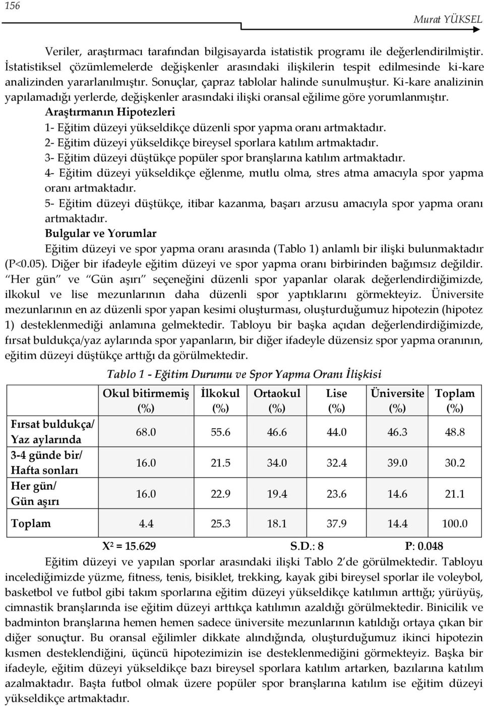 Ki-kare analizinin yapılamadığı yerlerde, değişkenler arasındaki ilişki oransal eğilime göre yorumlanmıştır. Araştırmanın Hipotezleri 1- Eğitim düzeyi yükseldikçe düzenli spor yapma oranı artmaktadır.