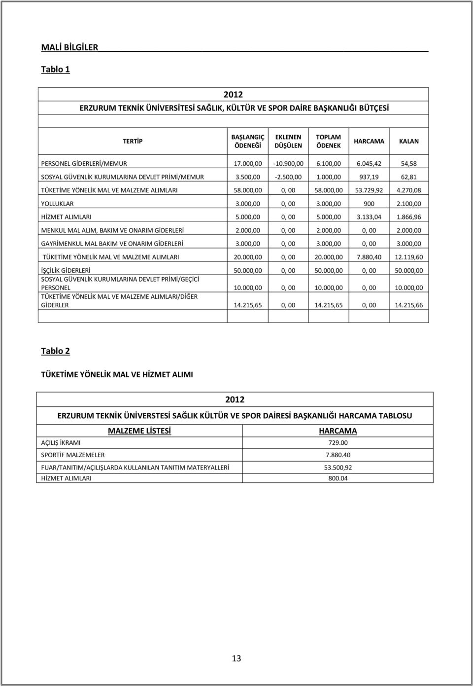 729,92 4.270,08 YOLLUKLAR 3.000,00 0, 00 3.000,00 900 2.100,00 HİZMET ALIMLARI 5.000,00 0, 00 5.000,00 3.133,04 1.866,96 MENKUL MAL ALIM, BAKIM VE ONARIM GİDERLERİ 2.000,00 0, 00 2.