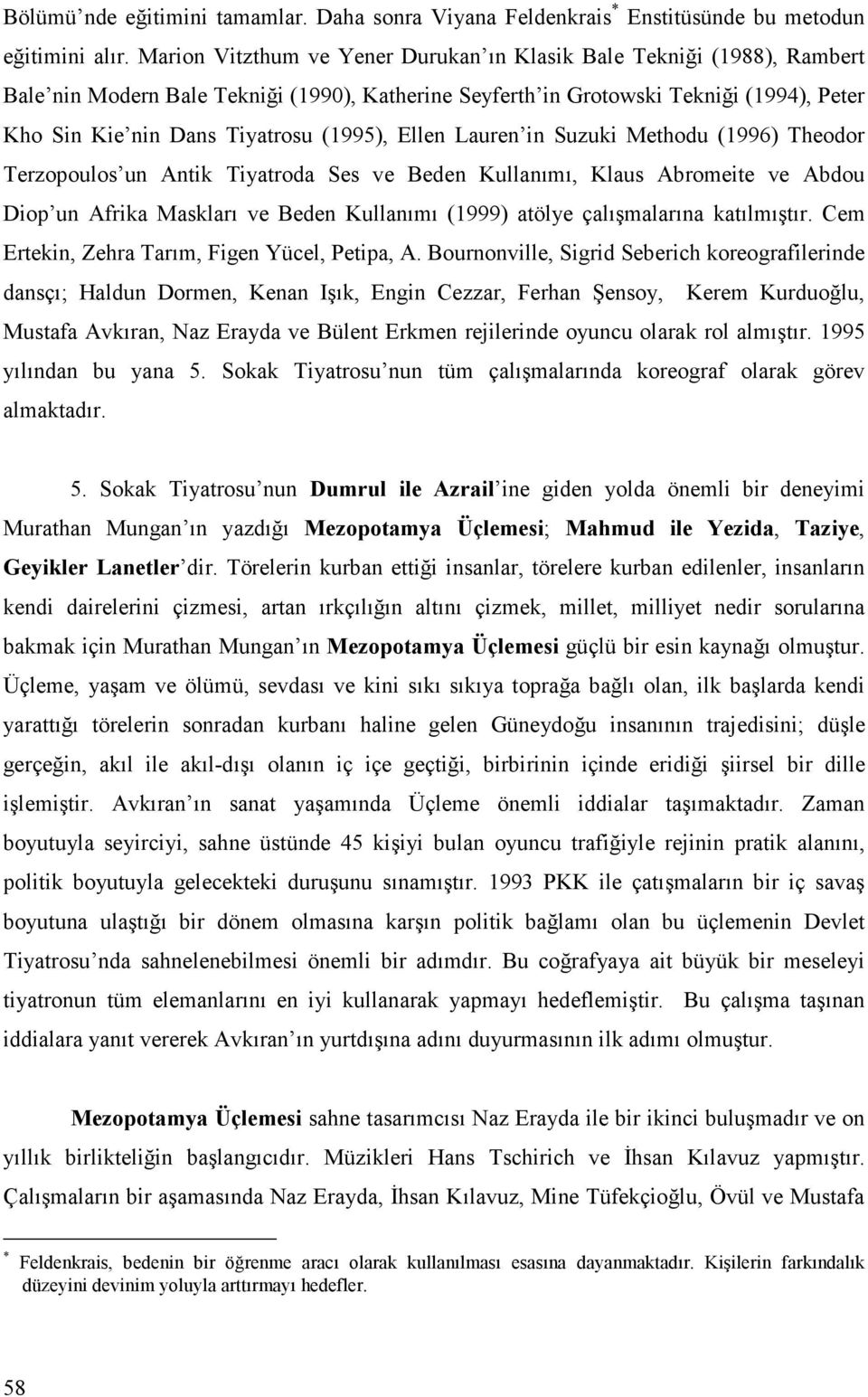 (1995), Ellen Lauren in Suzuki Methodu (1996) Theodor Terzopoulos un Antik Tiyatroda Ses ve Beden Kullanımı, Klaus Abromeite ve Abdou Diop un Afrika Maskları ve Beden Kullanımı (1999) atölye