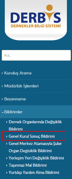 Derbis sistemine başarıyla giriş yaptınız. Görüldüğü gibi sistemin sol kenarında menüler yer almaktadır.