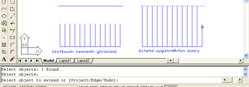 Resim 3.1: Offset komutu çalıģtırıldığında komut iletisindeki görünümü Offset distance or Through < Through >: Ġletisine paralel kopyalama yapılacak nesnenin mesafesi girilir.