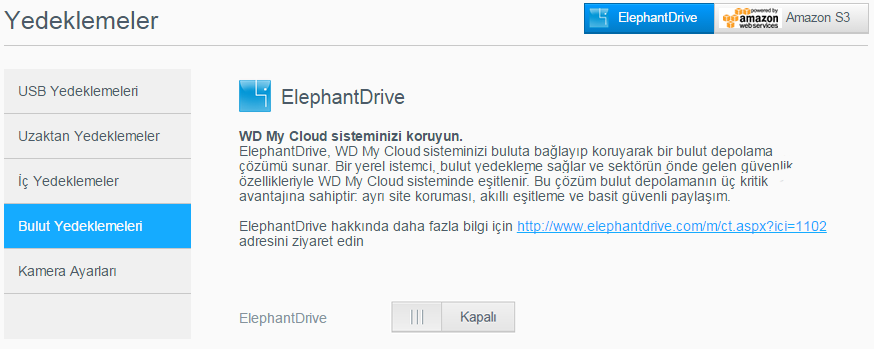 DOSYALARI YEDEKLEME VE GERI ALMA 3. Ekranın üst kısmındaki Elephant Drive öğesine tıklayın. 4. ElephantDrive alanında, ElephantDrive bulut yedeklemesini etkinleştirmek için seçim düğmesine tıklayın.