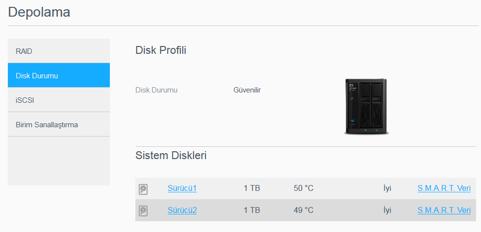 DEPOLAMA YÖNETIMI Disk Durumu Disk Durumu ekranı, My Cloud aygıtınızdaki her sürücünün durumu ve bu sürücülerdeki bilgilerin yanı sıra, disk sürücülerinin sağlığını da tanımlar.