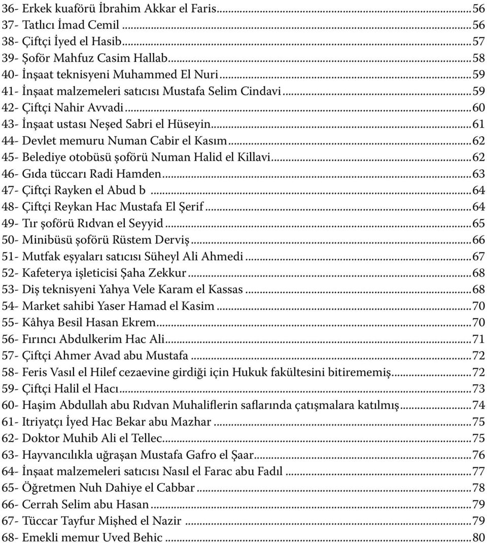 ..62 45- Belediye otobüsü şoförü Numan Halid el Killavi...62 46- Gıda tüccarı Radi Hamden...63 47- Çiftçi Rayken el Abud b...64 48- Çiftçi Reykan Hac Mustafa El Şerif.