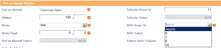 Firmanızın muhasebe kayıtlarında numaralandırarak takip edeceği Fatura numarası girilmelidir. Faturada yer alacak olan, Mal ve Hizmet bilgisi, miktar, Birim, Birim Fiyatı girişi yapılmalıdır.