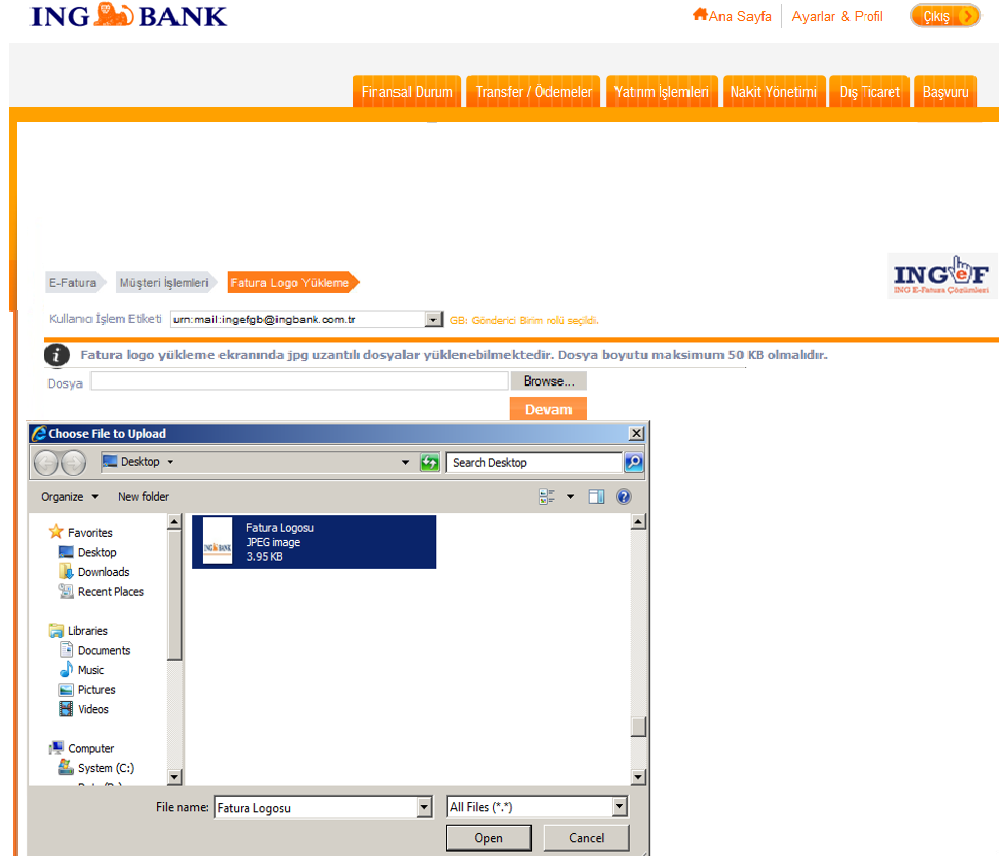 Yüklenecek olan Logo, Browse sekmesi kullanılarak ilgili dosya