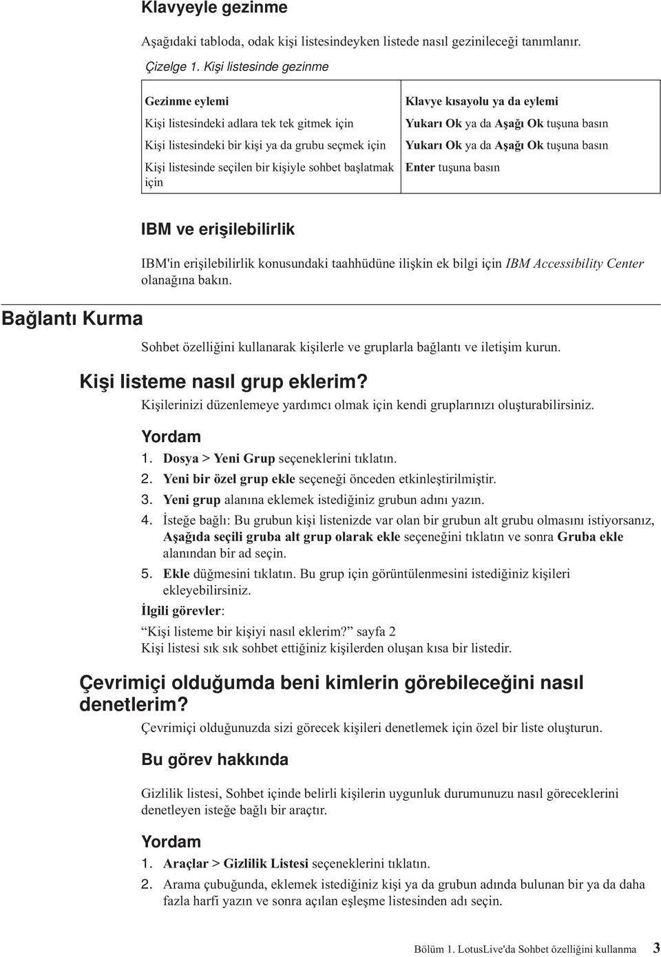 kısayolu ya da eylemi Yukarı Ok ya da Aşağı Ok tuşuna basın Yukarı Ok ya da Aşağı Ok tuşuna basın Enter tuşuna basın Bağlantı Kurma IBM ve erişilebilirlik IBM'in erişilebilirlik konusundaki