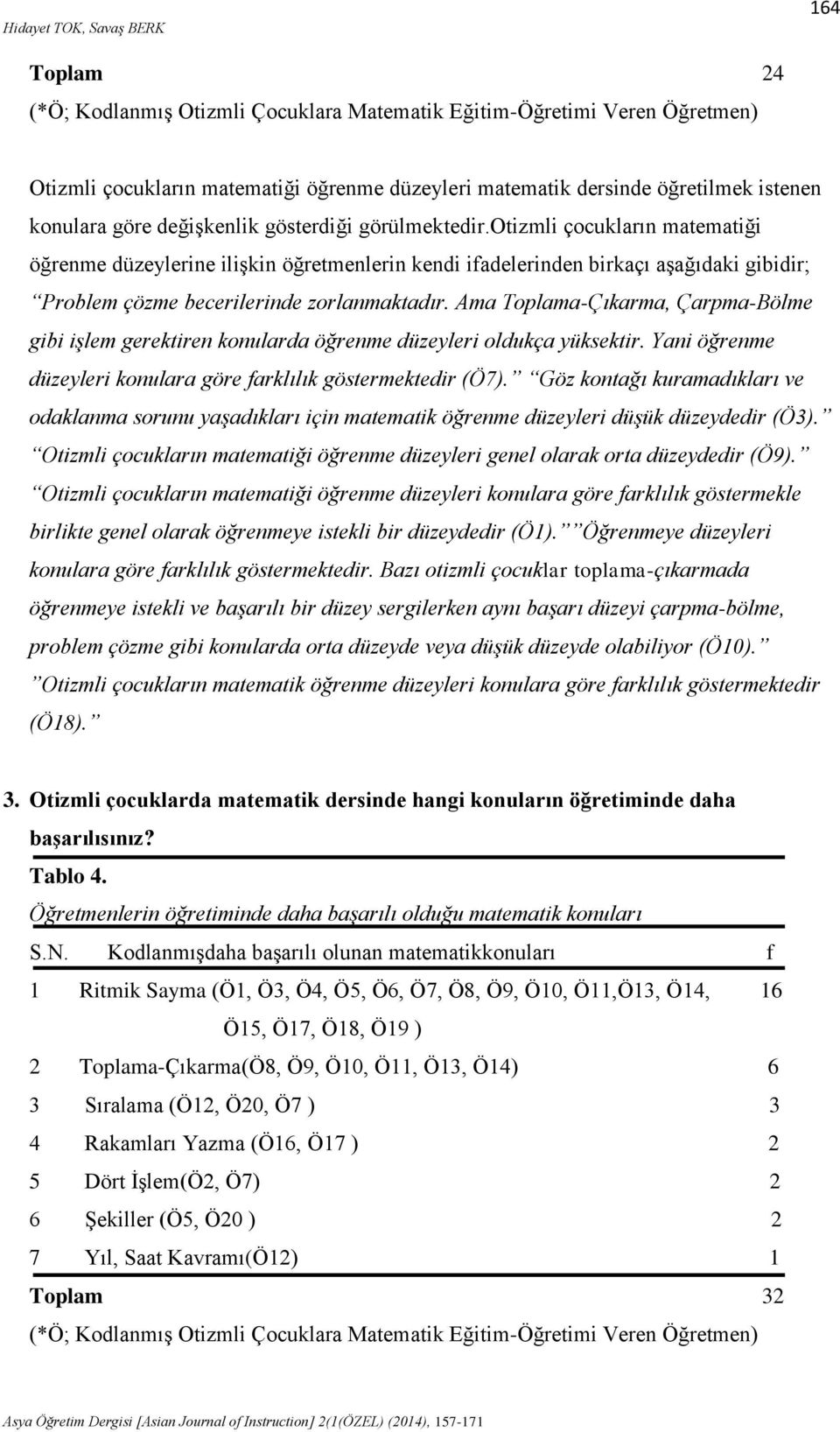 otizmli çocukların matematiği öğrenme düzeylerine ilişkin öğretmenlerin kendi ifadelerinden birkaçı aşağıdaki gibidir; Problem çözme becerilerinde zorlanmaktadır.