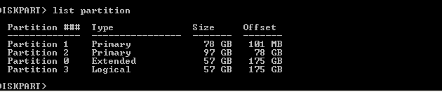 Şekil 4 Seçilen disk üzerinde partition bilgilerini görüntülemek için list