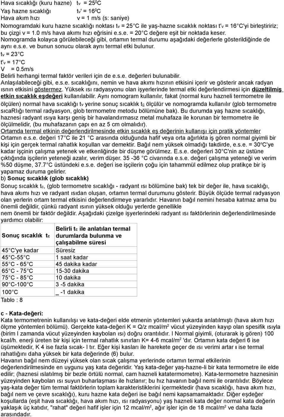 Nomogramda kolayca görülebileceği gibi, ortamın termal durumu aşağıdaki değerlerle gösterildiğinde de aynı e.s.e. ve bunun sonucu olarak aynı termal etki bulunur. tv = 23 C t'v = 17 C V = 0.