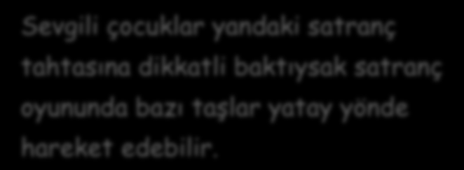 Sevgili çocuklar yandaki satranç tahtasına dikkatli baktıysak satranç oyununda bazı taşlar dikey yönde hareket edebilir.