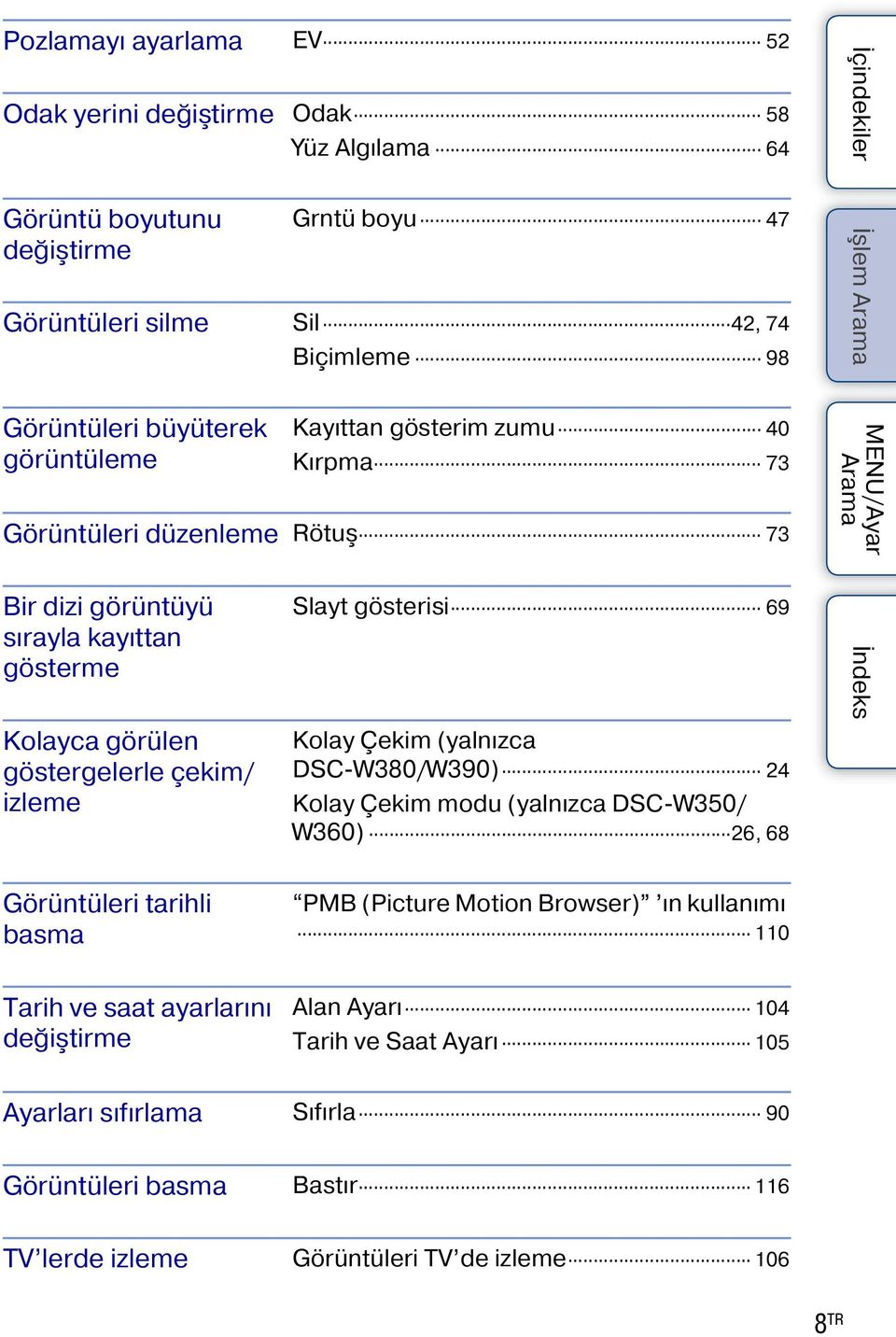 gösterisi 69 Kolay Çekim (yalnızca DSC-W380/W390) 24 Kolay Çekim modu (yalnızca DSC-W350/ W360) 26, 68 Görüntüleri tarihli basma PMB (Picture Motion Browser) ın kullanımı 110