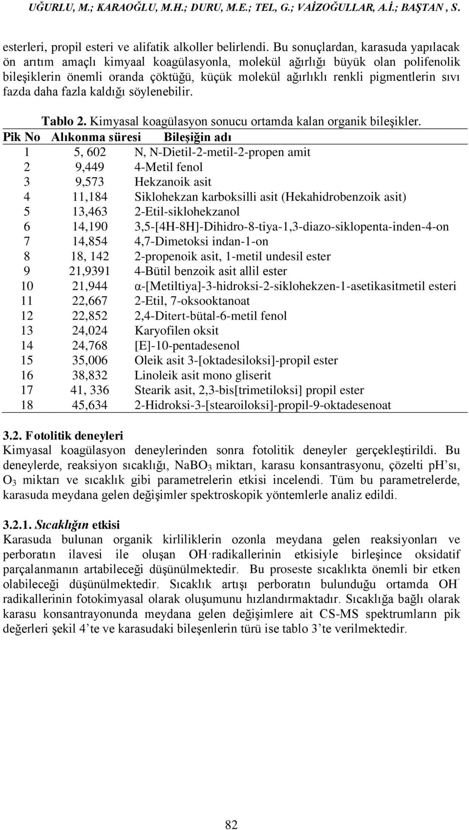 fazda daha fazla kaldığı söylenebilir. Tablo 2. Kimyasal koagülasyon sonucu ortamda kalan organik bileşikler.