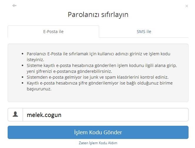 E-posta seçeneği: Kullanıcı adı alanına parolası sıfırlanmak istenen kullanıcı adı girilir ve