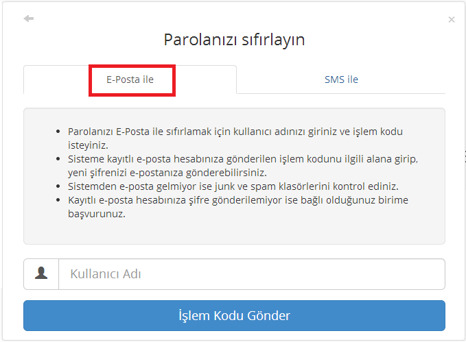 E-posta adresi kontrol edildikten sonra gönderilen 5 haneli işlem kodu, İşlem Kodu alanına