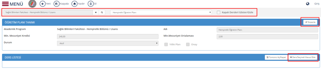 3.2. ÖĞRETİM PLANI 3.2.1. Yeni Öğretim Planı Tanımlama Sayfanın üst bölümünde yer alan YENİ butonuna basılır.