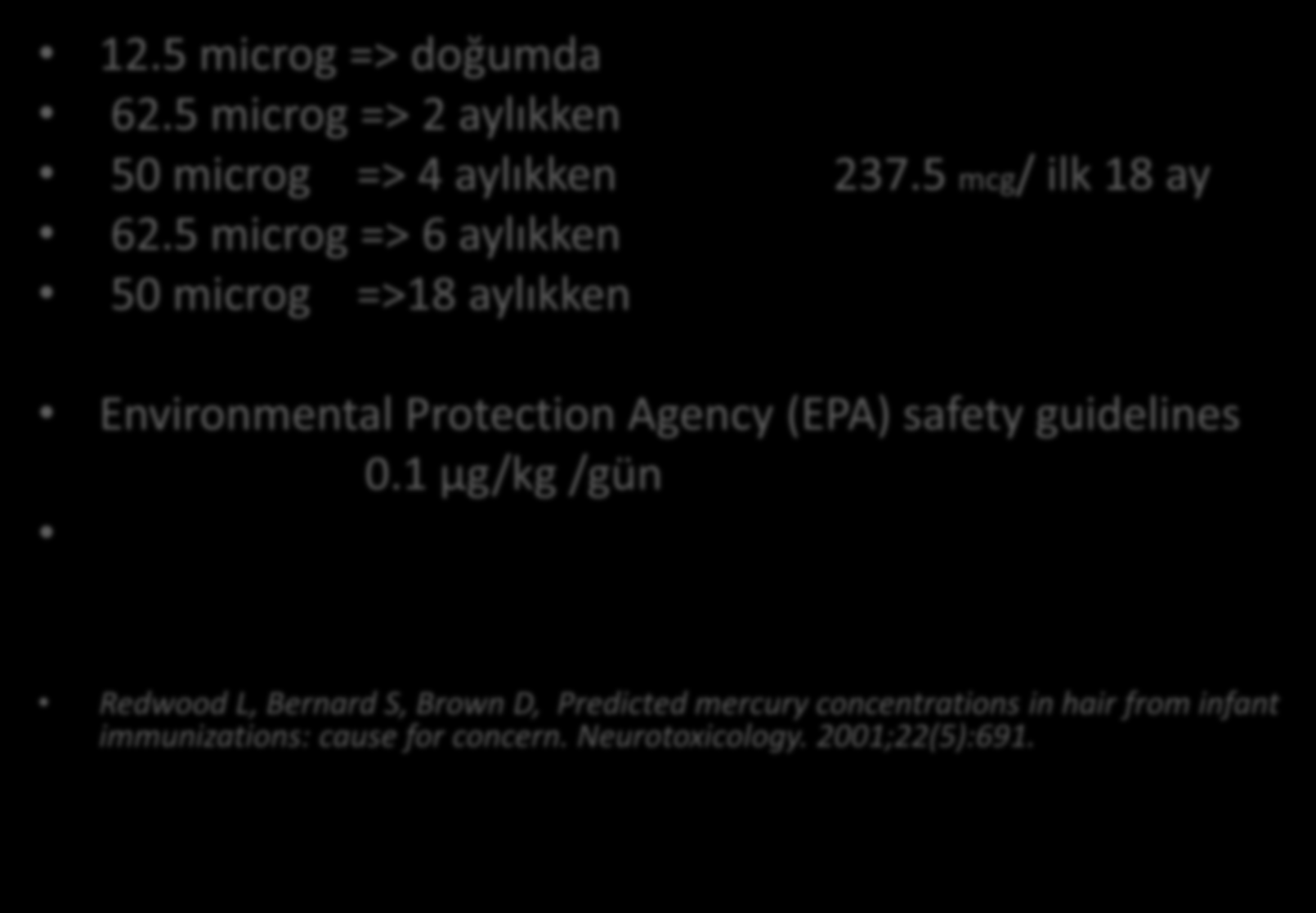 TİMEROSAL NEDEN SUÇLANDI 12.5 microg => doğumda 62.5 microg => 2 aylıkken 50 microg => 4 aylıkken 237.5 mcg/ ilk 18 ay 62.