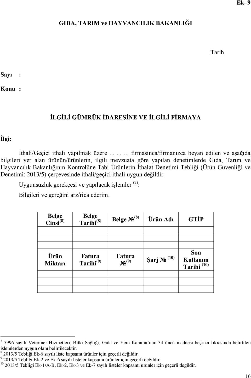 İthalat Denetimi Tebliği (Ürün Güvenliği ve Denetimi: 2013/5) çerçevesinde ithali/geçici ithali uygun değildir. Uygunsuzluk gerekçesi ve yapılacak işlemler (7) : Bilgileri ve gereğini arz/rica ederim.