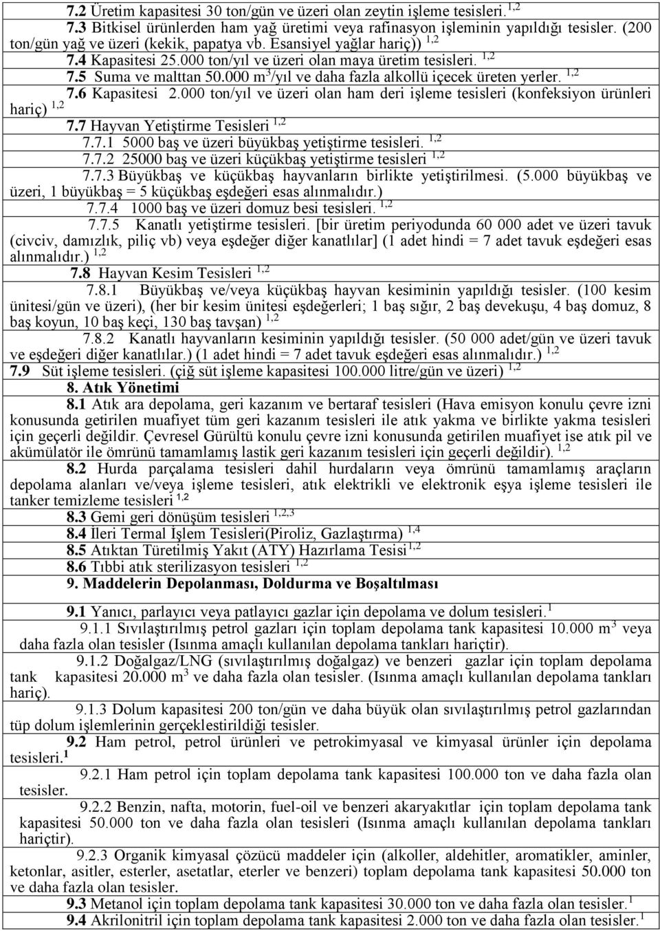 000 m 3 /yıl ve daha fazla alkollü içecek üreten yerler. 1,2 7.6 Kapasitesi 2.000 ton/yıl ve üzeri olan ham deri işleme tesisleri (konfeksiyon ürünleri hariç) 1,2 7.