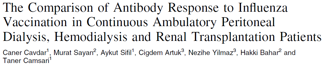 17 Renal Tx 16 SAPD 15 HD 10 sağlıklı kontrol VAXIGRIP, 0.5 ml, IM AĢı öncesi ve 1 ay sonra antikor titrelerine bakılmıģ. Yan etki; 1 PD hastasında grip benzeri Ģikayetler olmuģ.