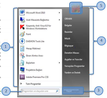Başlat Masası Menüsü ve Denetim Başlat Menüsü Görev çubuğunun solunda bulunan Başlat Düğmesi, bilgisayara yüklü olan tüm program ve Windows 7 dahili özelliklerinin menüler halinde görüntülenmesini