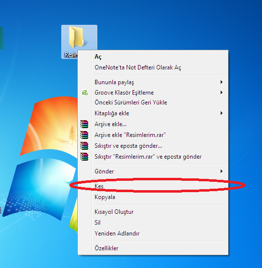 Kes Kopyala Yapıştır DOSYA VEYA KLASÖRÜ KESEREK BAŞKA YERE TAŞIMAK Kesmek demek dosya veya klasörün bulunduğu yerden alınması demektir.