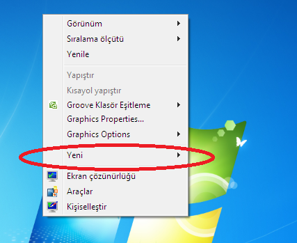 yapılması yoludur. Aşağıda masaüstünde bir klasör oluşturulması örneği verilmiştir.
