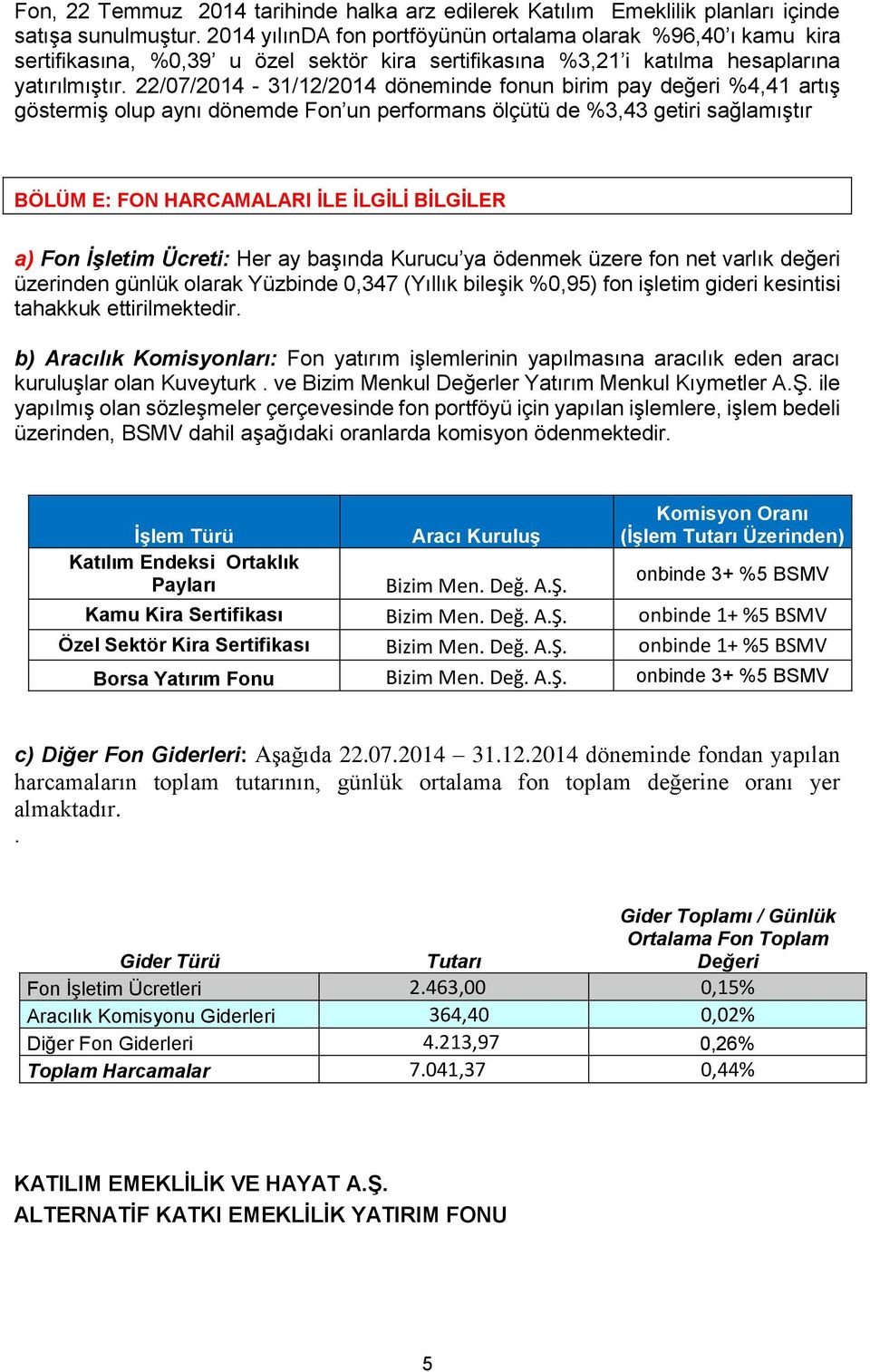 22/07/2014-31/12/2014 döneminde fonun birim pay değeri %4,41 artış göstermiş olup aynı dönemde Fon un performans ölçütü de %3,43 getiri sağlamıştır BÖLÜM E: FON HARCAMALARI İLE İLGİLİ BİLGİLER a) Fon