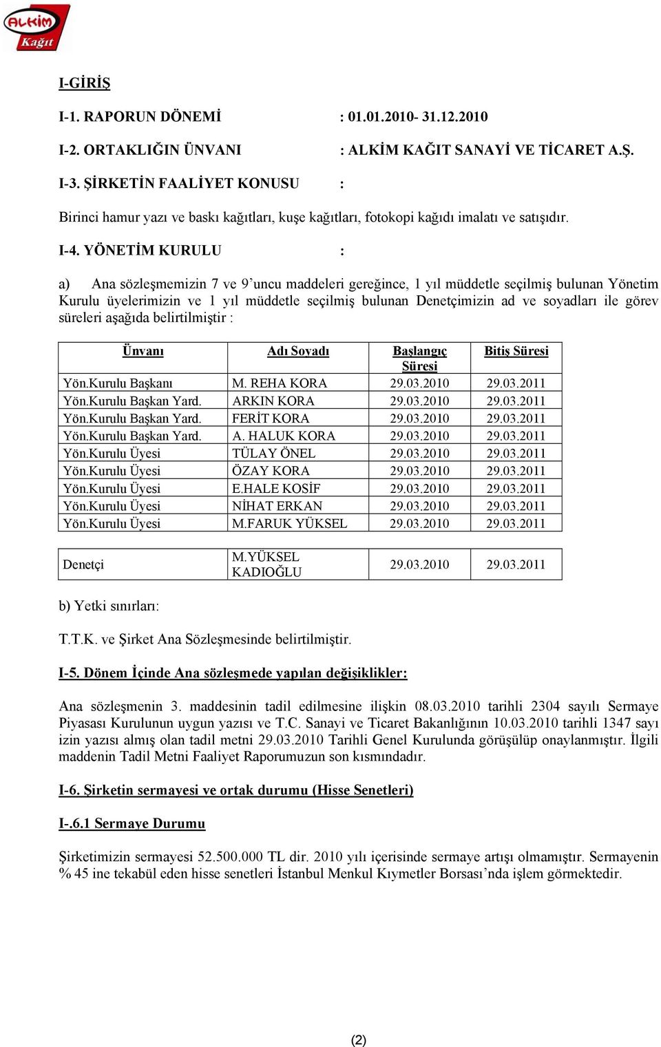 YÖNETİM KURULU : a) Ana sözleşmemizin 7 ve 9 uncu maddeleri gereğince, 1 yıl müddetle seçilmiş bulunan Yönetim Kurulu üyelerimizin ve 1 yıl müddetle seçilmiş bulunan Denetçimizin ad ve soyadları ile