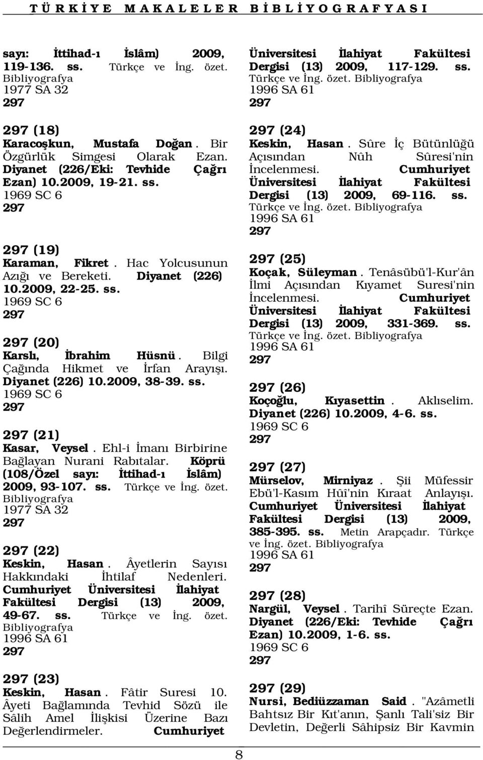 Üniversitesi lahiyat Fakültesi 1969 SC 6 Dergisi (13) 2009, 69-116. ss. 297 Türkçe ve ng. özet. 1996 SA 61 297 297 (19) Karaman, Fikret. Hac Yolcusunun 297 (25) Az ve Bereketi.