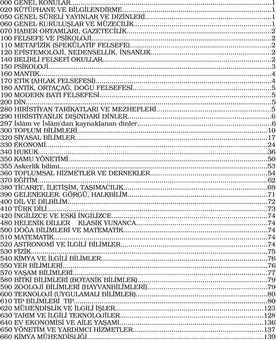 ..4 180 ANT K, ORTAÇA, DO U FELSEFES...5 190 MODERN BATI FELSEFES...5 200 D N...5 280 HIR ST YAN TAR KATLARI VE MEZHEPLER...5 290 HIR ST YANLIK DIfiINDAK D NLER.